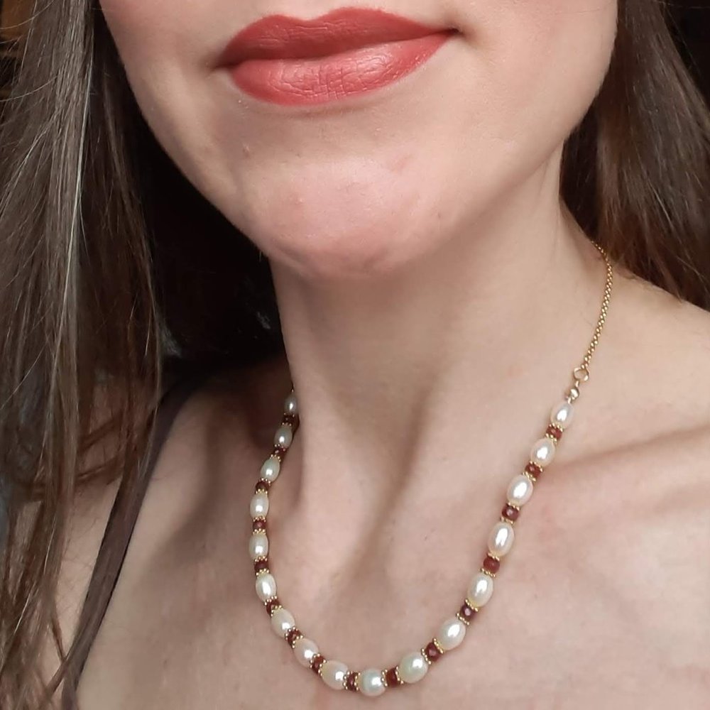 Necklace, Ruby, Pearl & Gold-filled Chain